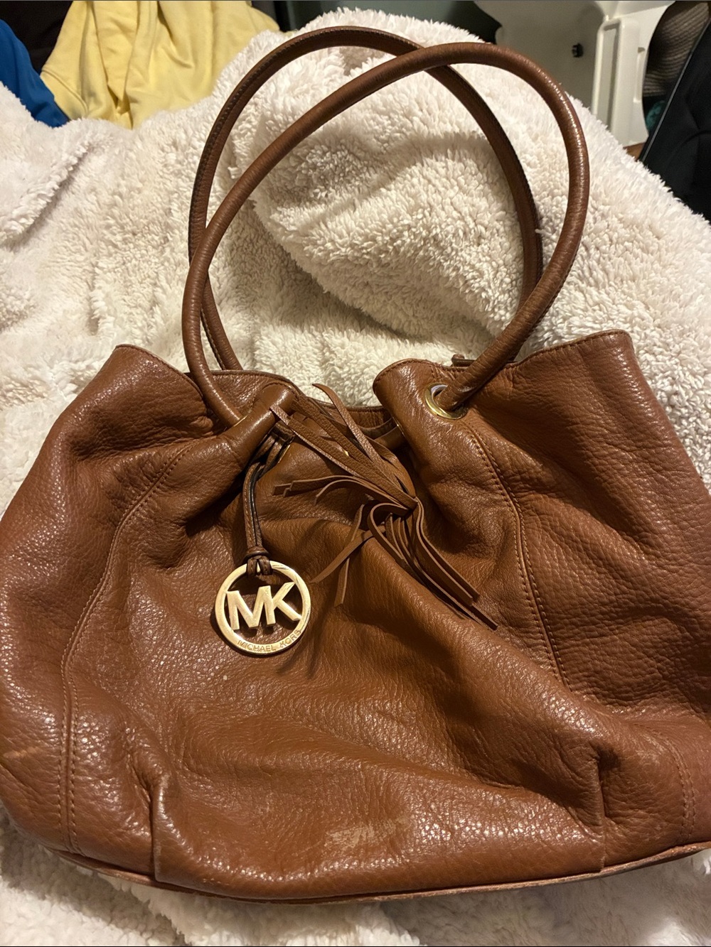 Michael Kors Cognac Pebbled Leather Shoulder Tote with MK Charm